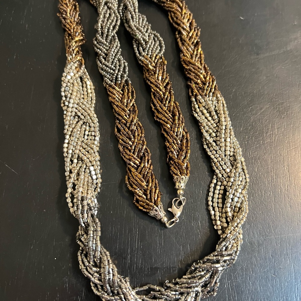 ONE BRAND NEW 34” BLACK, SILVER & COPPER COLORED BRAIDED TORSADE NECKLACE CTM3